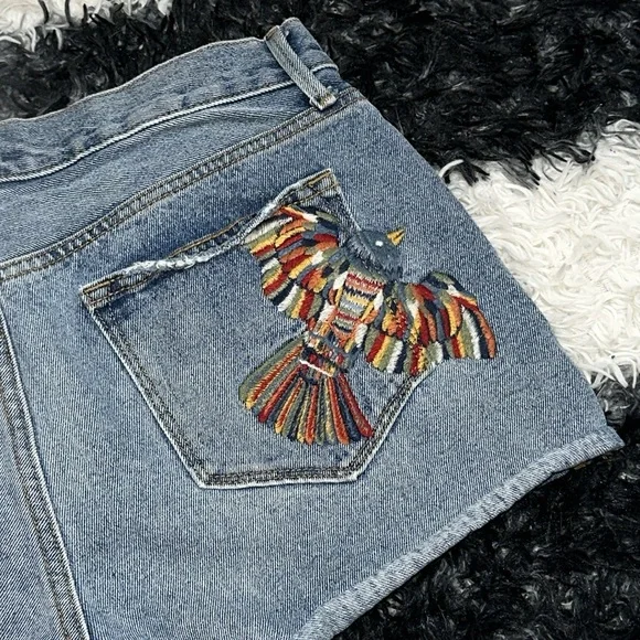 Driftwood “Goldie” Embroidered Bird Denim Shorts, Folklore, Sz 30